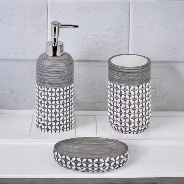 Showerdrape Ravello Geo Floral 3 Piece Ceramic Bathroom Accessory Set in Grey and White – 1