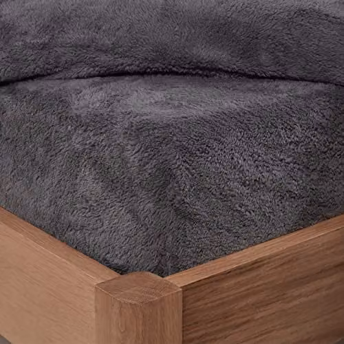 Brentfords Teddy Fleece Thermal Fitted Sheet, Grey, W/D/H: 180 x 200 cm
