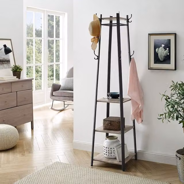 VASAGLE Industrial Coat Stand with 3 Shelves and Hooks in Fawn – 1