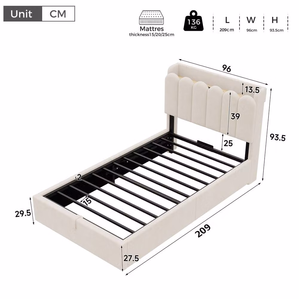 Matteo 3FT Single Ottoman Bed Frame in Beige Velvet with USB Charging Port, Integrated Reading Light and Storage W/D/H: 90 x 190 cm – 3