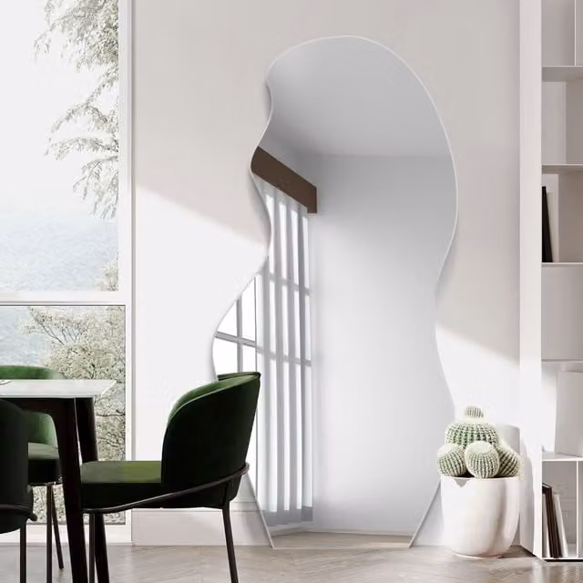 MirrorOutlet Modern Frameless Organic Pond Leaner Wall Mirror in Silver or Black
