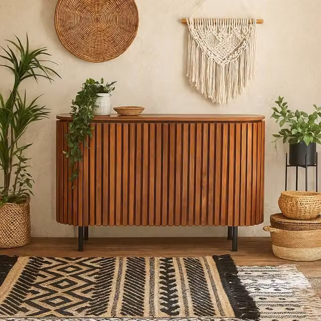 Wyld Haus California Mid-Century Slatted Mango Wood Two Door Sideboard in Brown and Black – 1