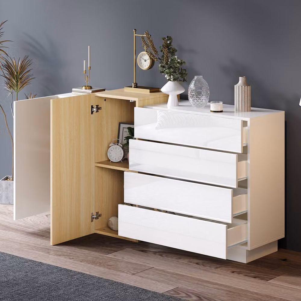 Merax White High Gloss Modern Sideboard with 4 Drawers and 2 Doors – 2