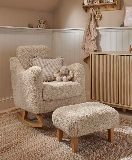 Mamas & Papas Bowdon Nursing Chair and Footstool Set in Beige Bouclé Fabric