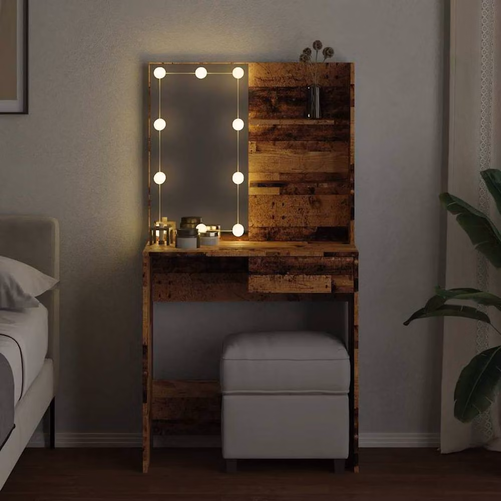 Berkfield Home White and Brown Rustic Wood Dressing Table with Hollywood LED Mirror, W/D/H: 74.5 x 40 x 141 cm – 3