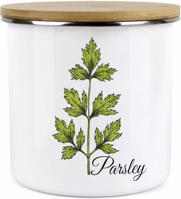 Purely Home Classic Herbs Parsley Kitchen Food Storage Canister, White Enamel and Ceramic