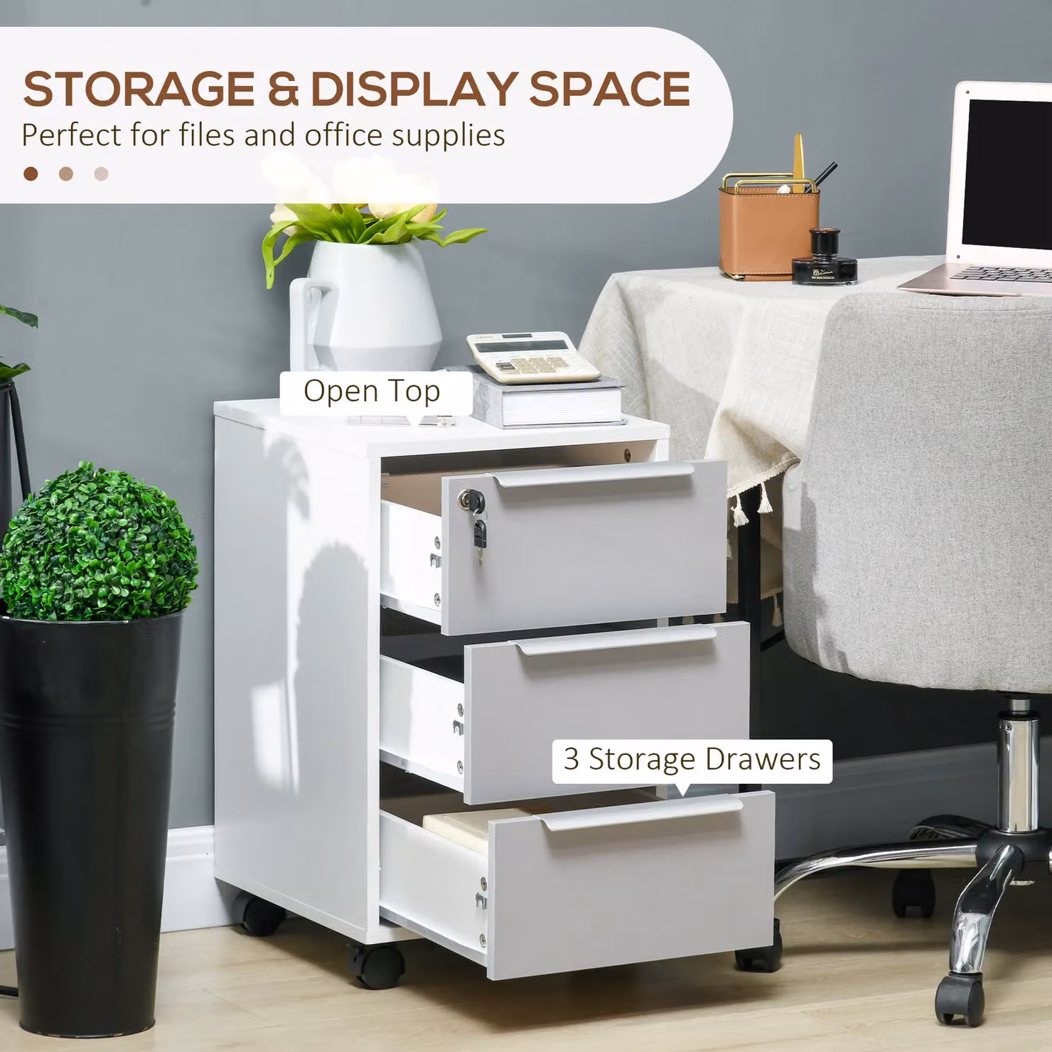 HOMCOM 3-Drawer Locking Mobile File Cabinet with Castors in Grey and White – 3