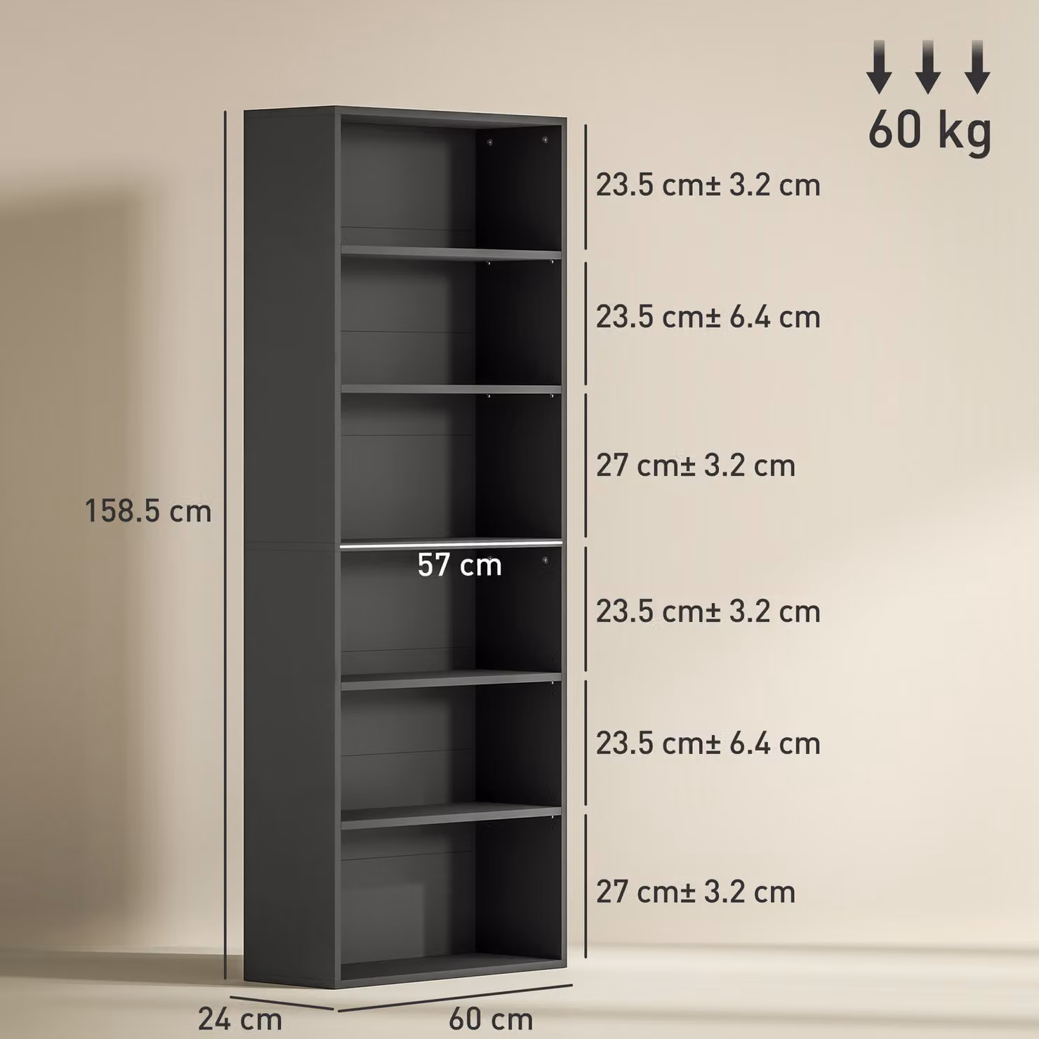 HOMCOM Six Shelf Modern Black Bookcase with Adjustable Shelves and Back Panel – 3