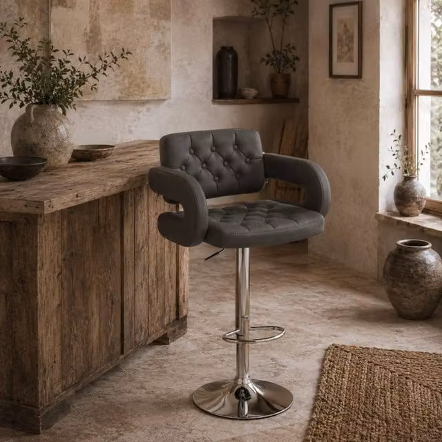 Wyld Haus Sacorte Grey Faux Leather Adjustable Swivel Bar Stool with Armrests