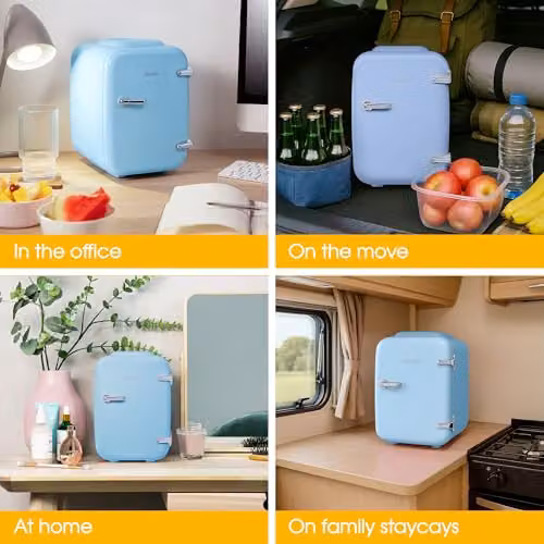 Abode Blue Mini Fridge A4CLR201BL 4L Portable Thermoelectric Cooler and Warmer for Drinks and Cosmetics, W/D/H: 27.5 x 19.0 x 25.0 cm – 4