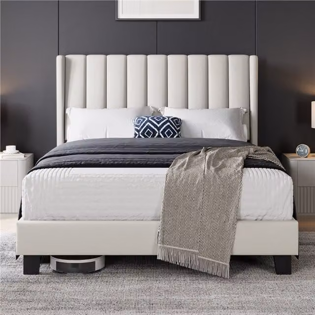 Yaheetech Modern Upholstered Double Bed Frame with Channel Tufted Headboard in Beige Linen Fabric, 140 x 200 cm