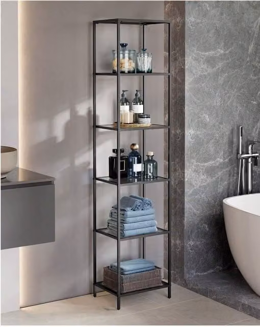VASAGLE 6-Tier Glass Shelf Bookcase, Grey, H 177.3 x W 40 x D 30 cm
