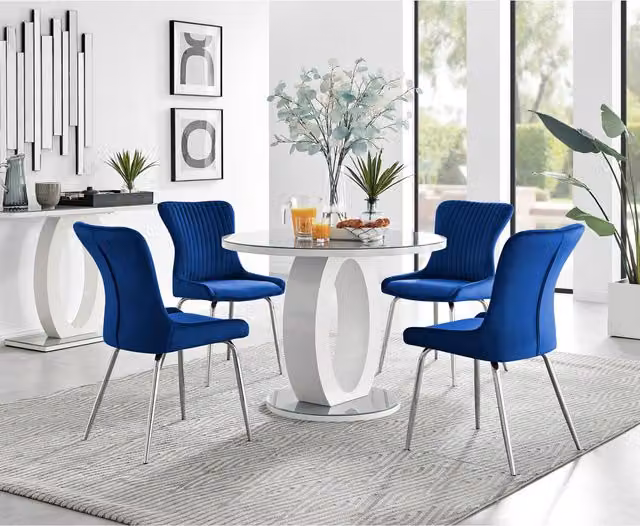 FurnitureboxUK Giovani Round Grey Glass Dining Table 100cm and 4 Nora Blue Chairs with Silver Legs