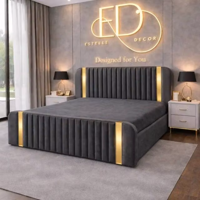 Stratus Interiors Aura Rounded Panel Bed Frame in Dark Grey Velvet with Gold Accents, Super King, W: 180 cm, D: 200 cm
