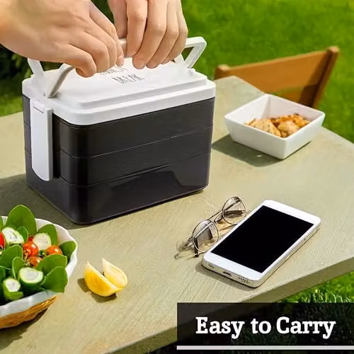 Premier Housewares Minimalist Bento Lunch Box with Cutlery and Dividers in Black and White – 4