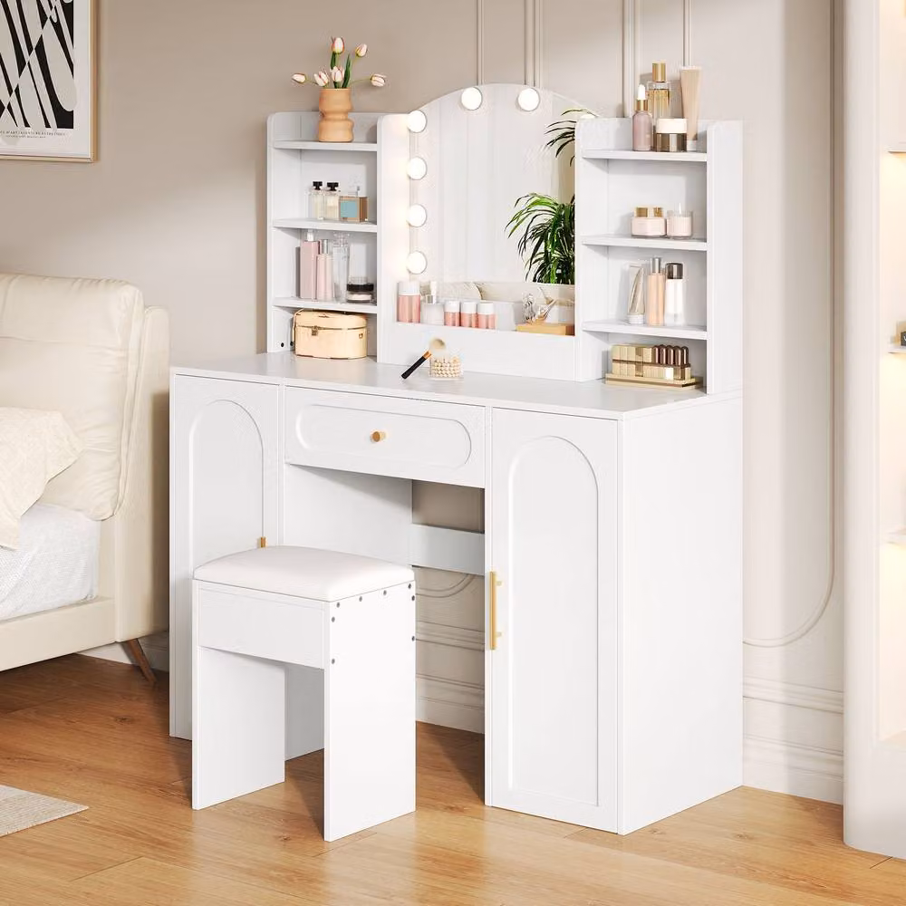 Rolipo White Modern Vanity Table with LED Mirror and Stool – 3