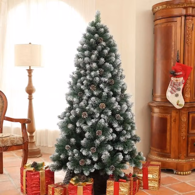 HOMCOM Green Artificial Pine Christmas Tree with Pinecones and Steel Base, Height: 213.36 cm – 1