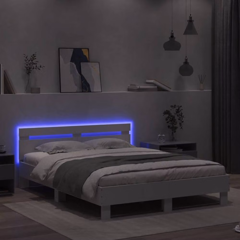 Berkfield Home Modern King Size Bed Frame in White with LED Under-Bed Lighting and USB Charging Port, W: 150 cm, D: 200 cm – 3