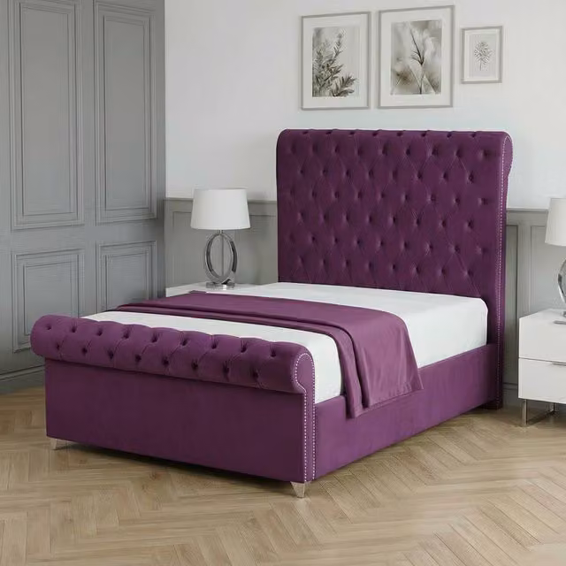 Living Comfort Bedz Regency Sleigh Ottoman Gas Lift Upholstered Velvet Bed in Purple, Single