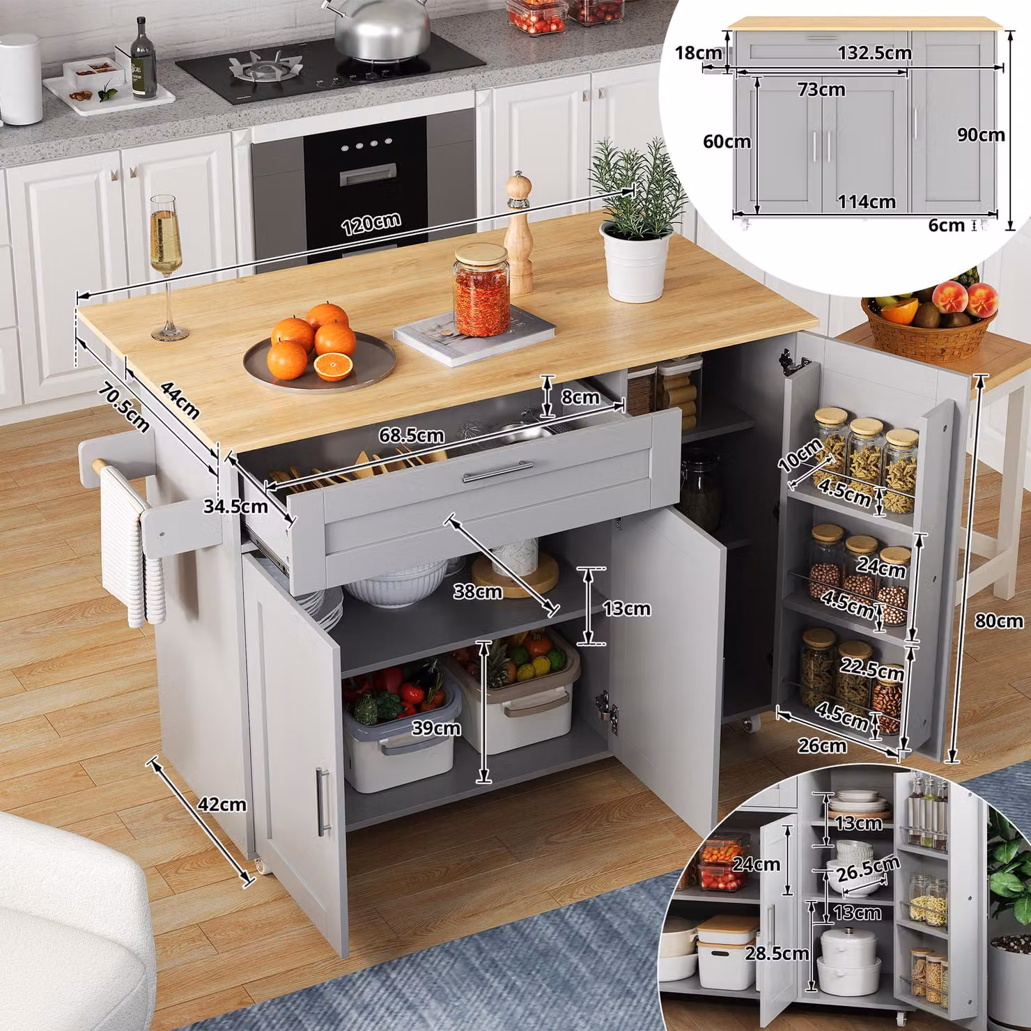 Aosom UK Grey Multifunctional Kitchen Island with Foldable Worktop and Adjustable Shelves, W: 132.5 cm, D: 44 cm, H: 90 cm – 3