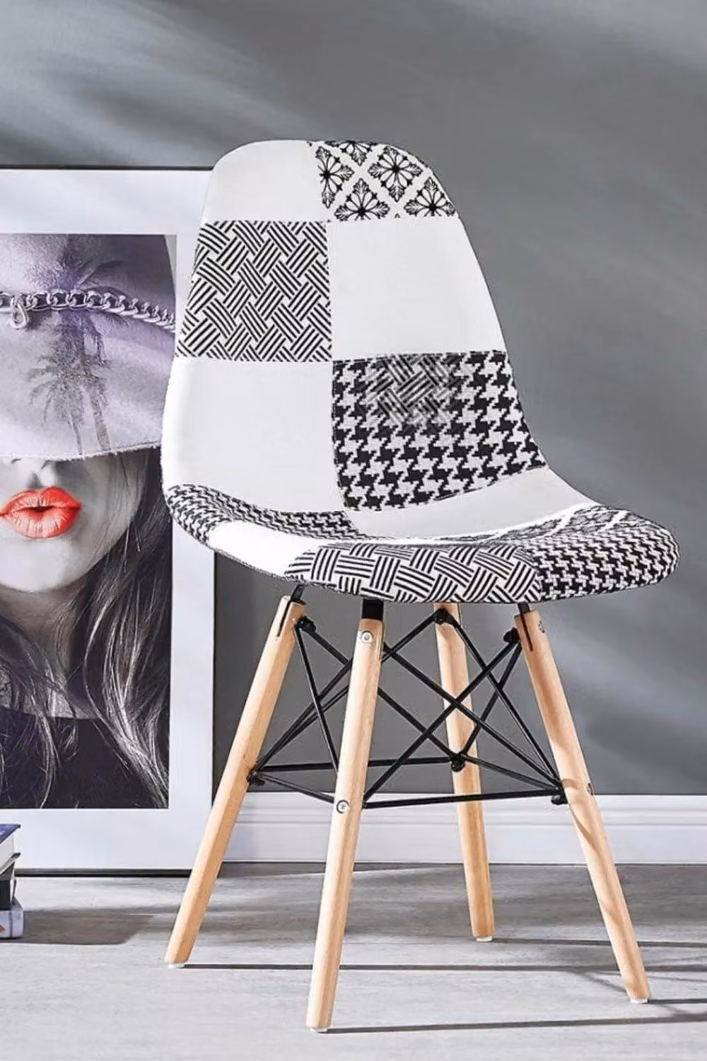 Life Interiors Set of 2 Modern Patchwork Dining Chairs with Wooden Legs and Black Metal Wire Frame in Multicolour – 2