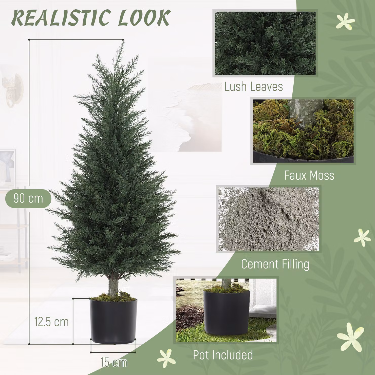 HOMCOM Set of 2 Green Artificial Cypress Trees with 362 Leaves, Height: 90 cm – 4