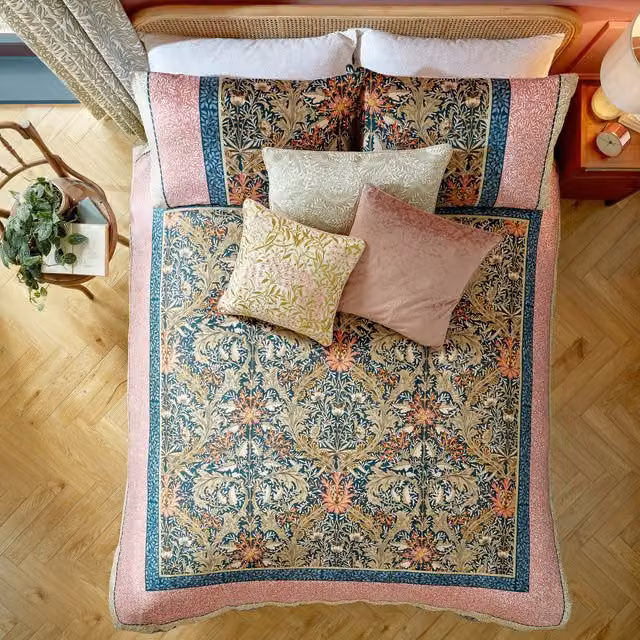 William Morris At Home Kelmscott Reversible Floral Cotton Duvet Cover Bedding Set in Navy Rose Blue and Pink