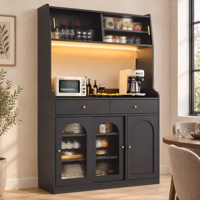 STILVORA Modern Black Kitchen Base Cabinet with Sliding Glass Doors, Integrated Lighting and Internal Drawers