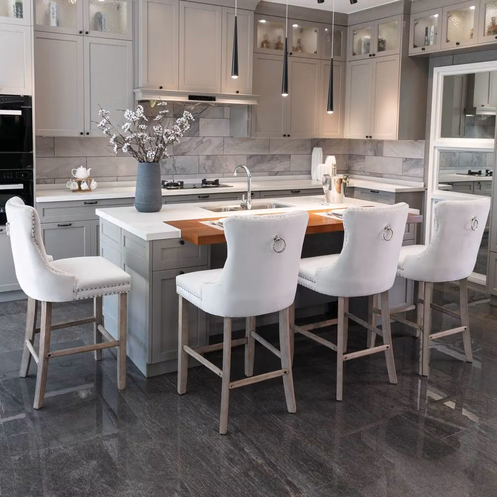 Modern Home Touch Romsey Set of 6 Velvet Kitchen Breakfast Barstools with Oak Wooden Legs in Beige – 2