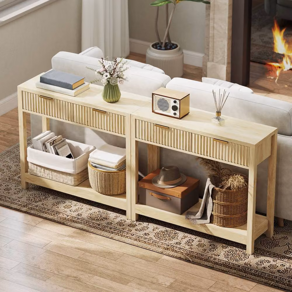 STILVORA Scandinavian Style Console Table with 2 Drawers and Shelf in Brown Wood Finish – 3