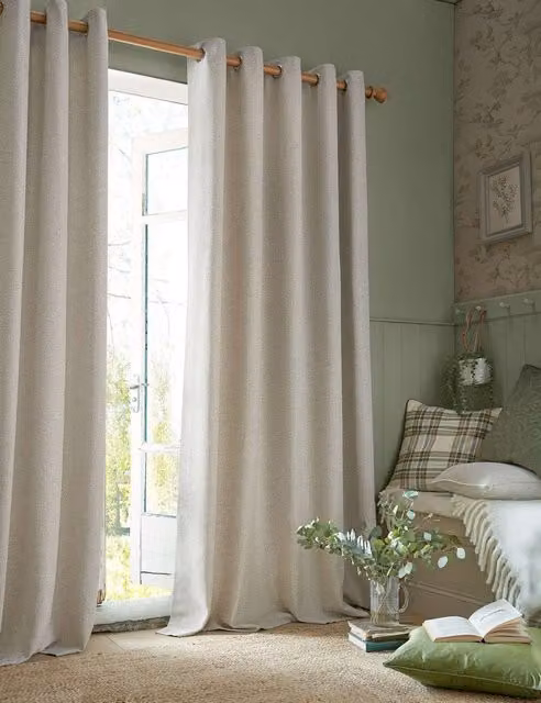 Laura Ashley Milbourne Herringbone Eyelet Curtains in Beige, W: 137 cm, H: 168 cm