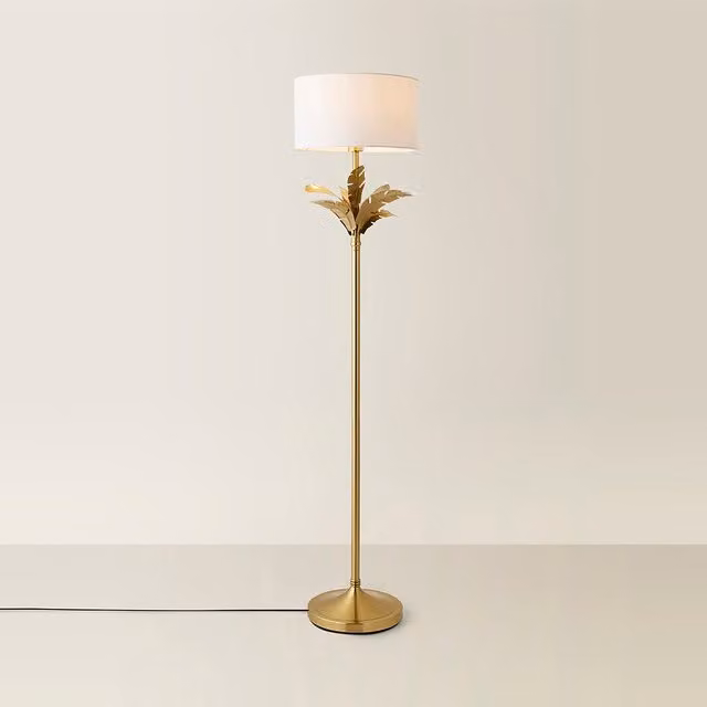 ValueLights Christina Palm Leaf Floor Lamp with White Fabric Drum Shade and Gold/Brass Details
