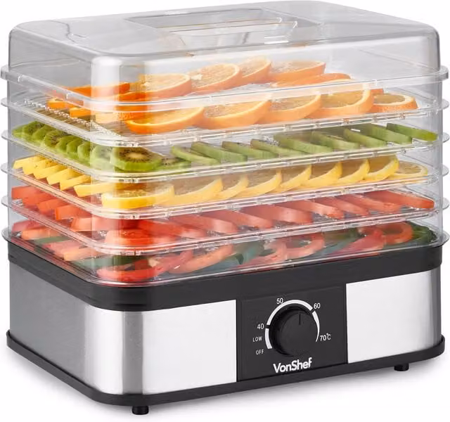 VonShef 5 Tier Temperature Controlled Food Dehydrator in Silver Stainless Steel