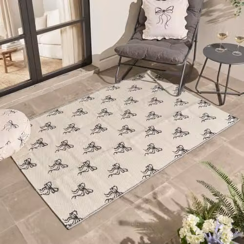 OHS Bow Print Outdoor Garden Rug, Reversible Non-Slip Waterproof Polypropylene Area Mat, W/D/H: 120 x 170 cm, Black, White and Beige