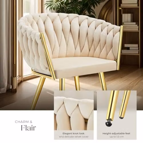 tectake Set of 6 Astano Dining Chairs in Sand and Gold Velvet Fabric with Metal Legs – 3