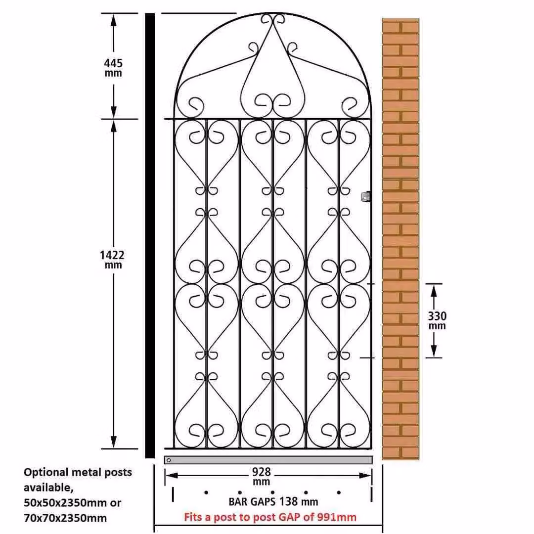 Burbage Iron Craft Regent Scroll Tall Bow Top Single Gate in Black, Fits Gap of W: 99.1 cm, H: 186.7 cm – 3