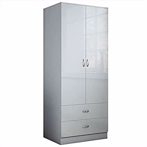 Furnished with Style Modern Glossy Grey Wardrobe with Soft Close Hinged Doors, W/D/H: 76 x 50 x 181 cm