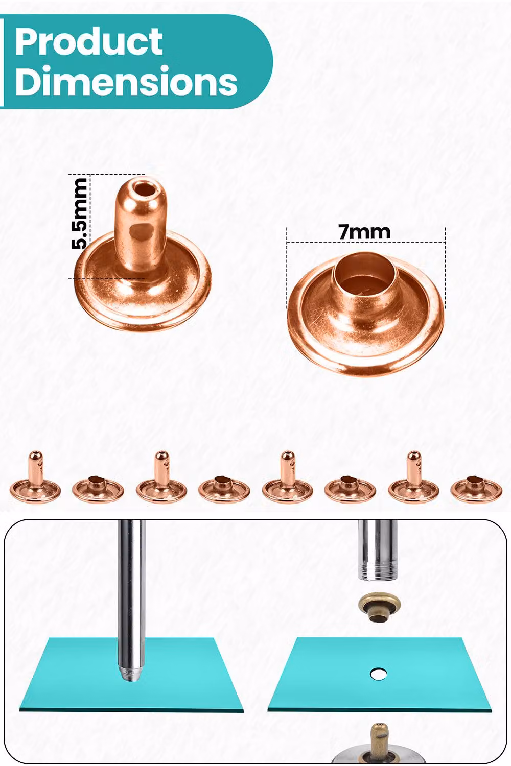 Neel Blue 7mm Double Cap Leather Rivets, Rose Gold Tubular Metal Studs, 100 Sets – 2