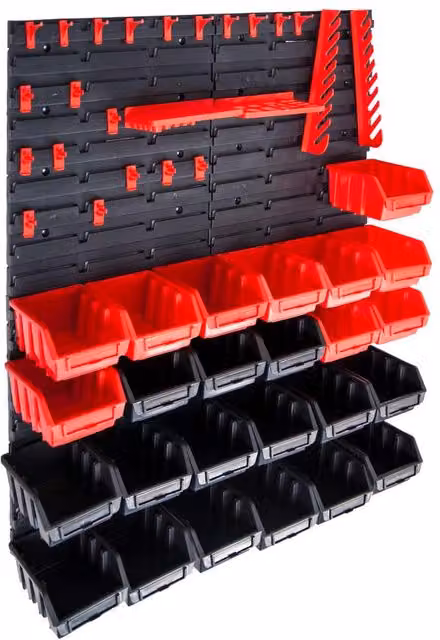 Berkfield Home 29 Piece Wall Mountable and Stackable Storage Bin Kit with Wall Panels in Red and Black