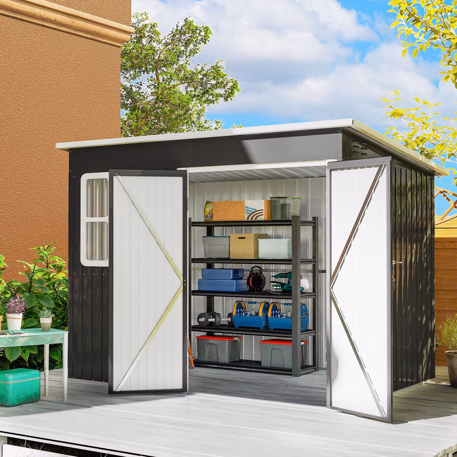 Outsunny Garden Storage Shed with Galvanised Steel Frame, Window and Lockable Double Doors, Dark Grey, W: 260 cm, D: 177 cm, H: 190 cm – 2
