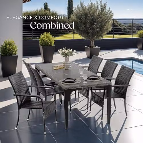 tectake Set of 8 Modern Polyrattan Garden Chairs with Steel Frame in Black and Grey, H 90.0 x W 58.0 x D 45.6 cm – 2