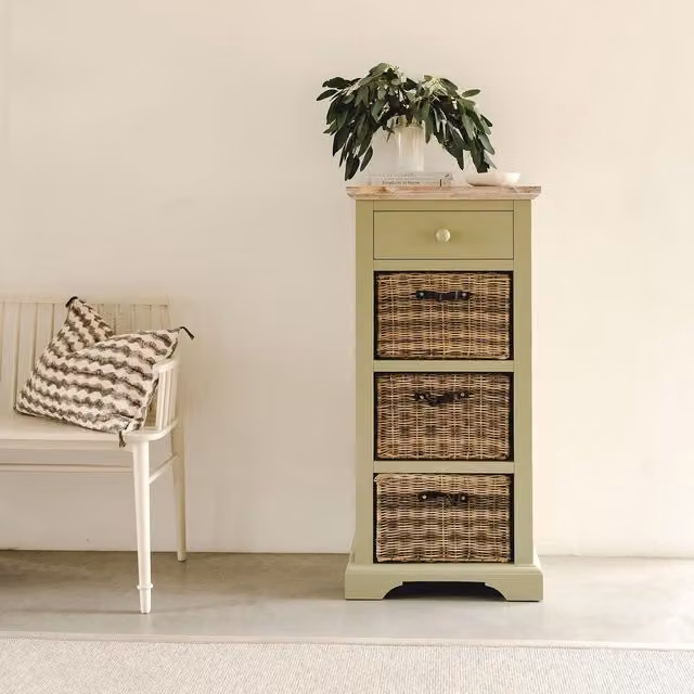 Florence Tallboy with Drawer and Storage Baskets in Sage Green, Acacia Wood, W/D/H: 42 x 54 x 113 cm