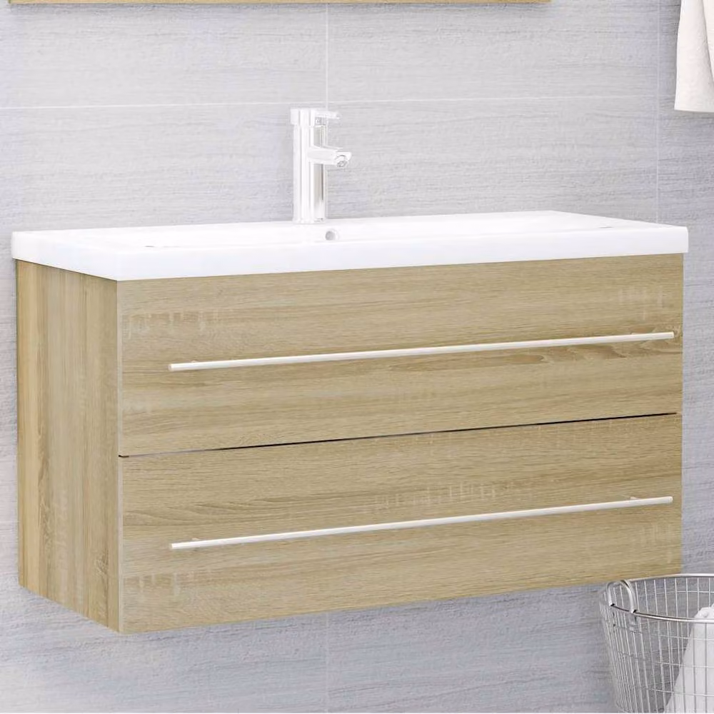 Berkfield Home 2 Piece Modern Bathroom Furniture Set in Sonoma Oak Light Oak Finish featuring a Wall Mounted Vanity Unit and Mirror Cabinet – 2