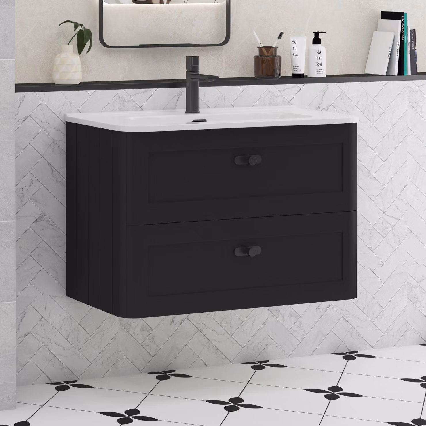 Royal Bathrooms Henley 800mm Wall Hung Vanity Unit in Matt Nocturne Black with 2 Drawers and Ceramic Basin
