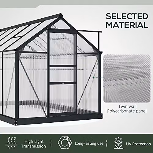 Outsunny Aluminium and Polycarbonate Walk-In Garden Greenhouse with Sliding Door, Grey and Transparent – 4