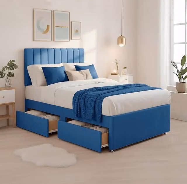 Bed Time UK Luxe Super King Hybrid Divan Bed with 20in Headboard and 2 Drawer Storage in Blue, W/D/H: 200 x 200 cm