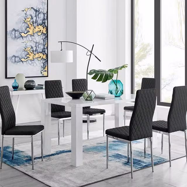 FurnitureboxUK Pivero Dining Table and 6 Milan Chairs Set in Black and White