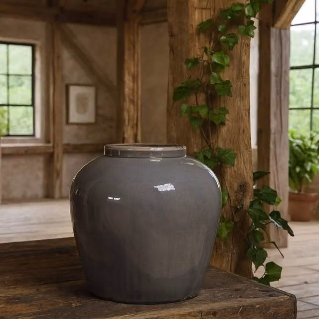 Wyld Haus Bloomwood Grey Glazed Round Ceramic Vase with Crackle Effect, H 37.0 cm x W 37.0 cm x D 37.0 cm