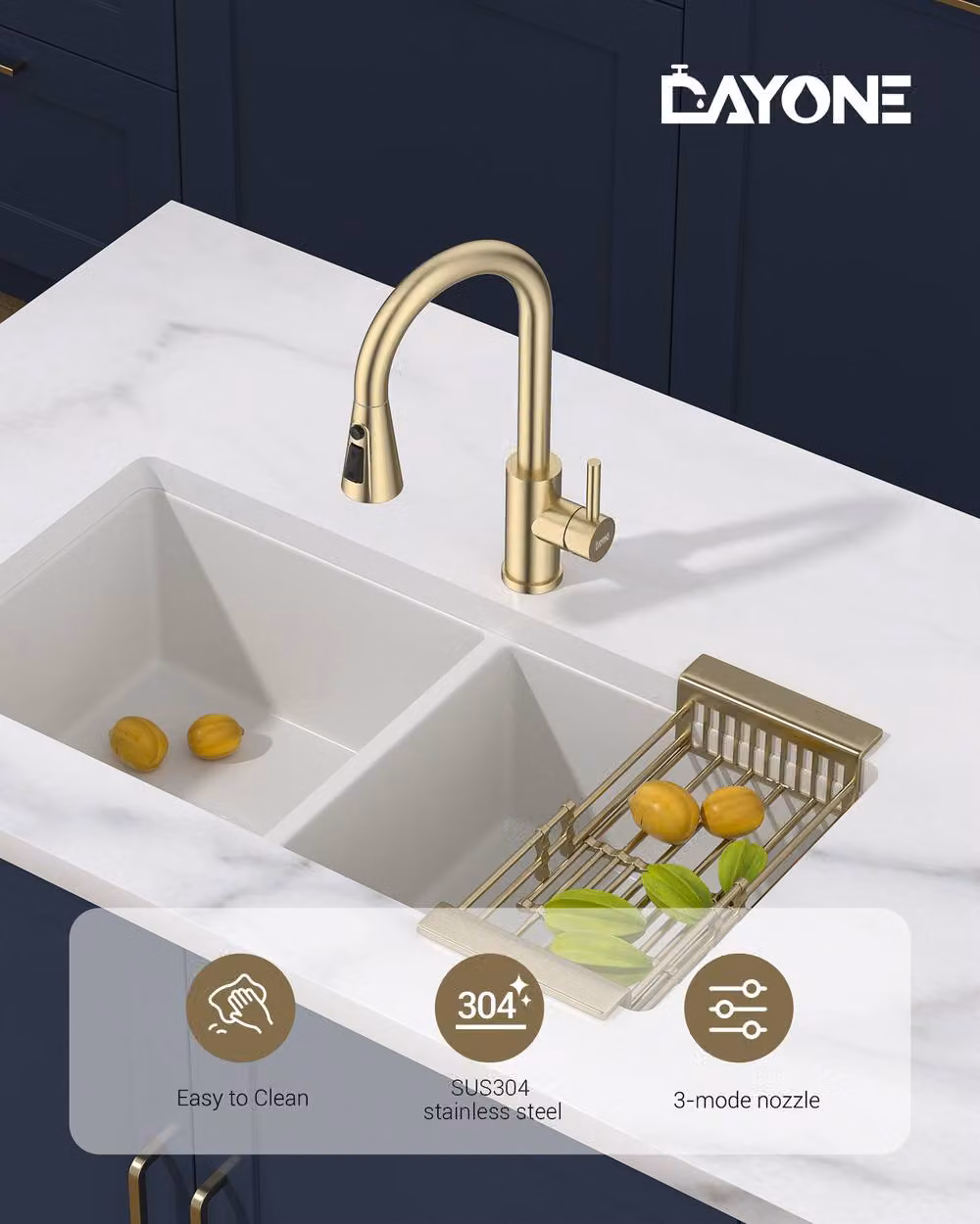 Dayone Elegant Gold Stainless Steel Kitchen Sink Mixer Tap with Pull Out Sprayer and Swivel Spout – 4