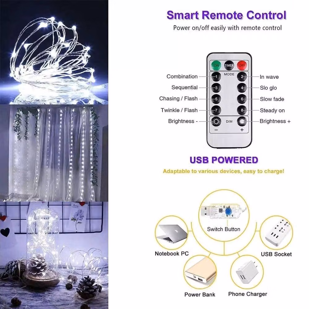 Marco Paul White LED Curtain Fairy String Lights with Remote Control and USB Power, Clear – 2
